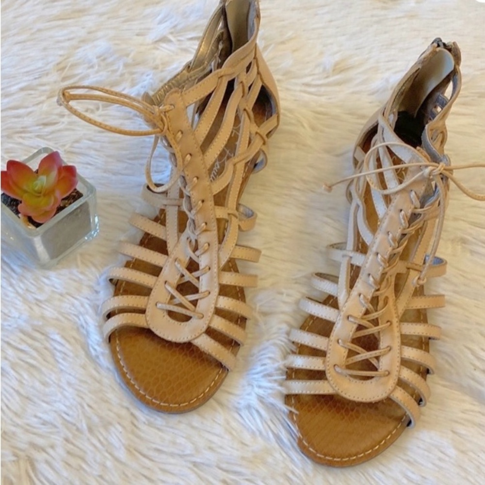 Sam Edelman x Anthropologie | Tan Leather Lace-Up Boho Gladiator Wedge Sandals